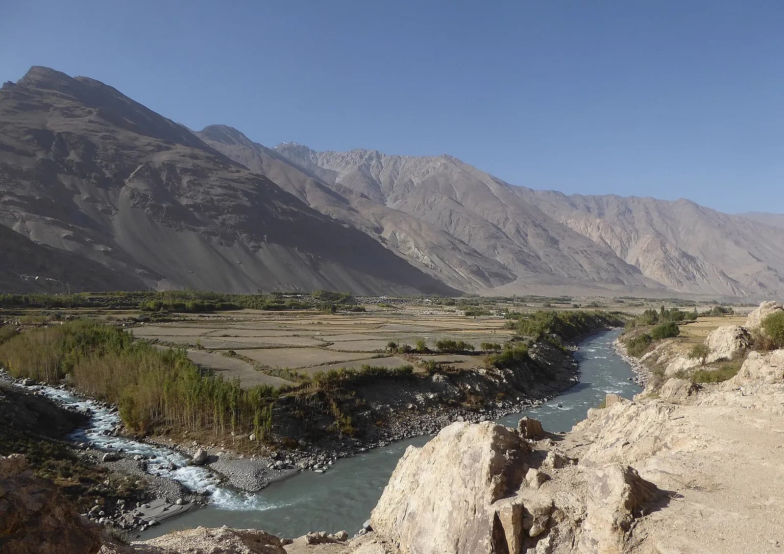 The Panj river winding past poplars and fields below bare mountainsides in the Wakhan Valley on the Tajik–Afghan border