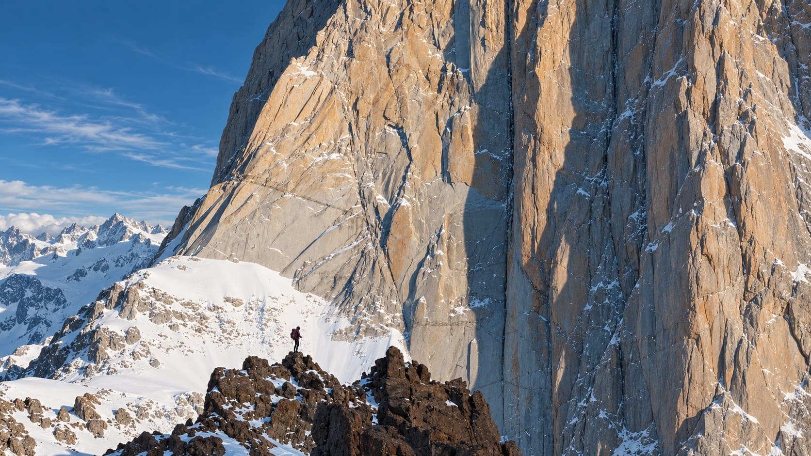A vast granite wall with a single climber on the ridge below it, small against the rock