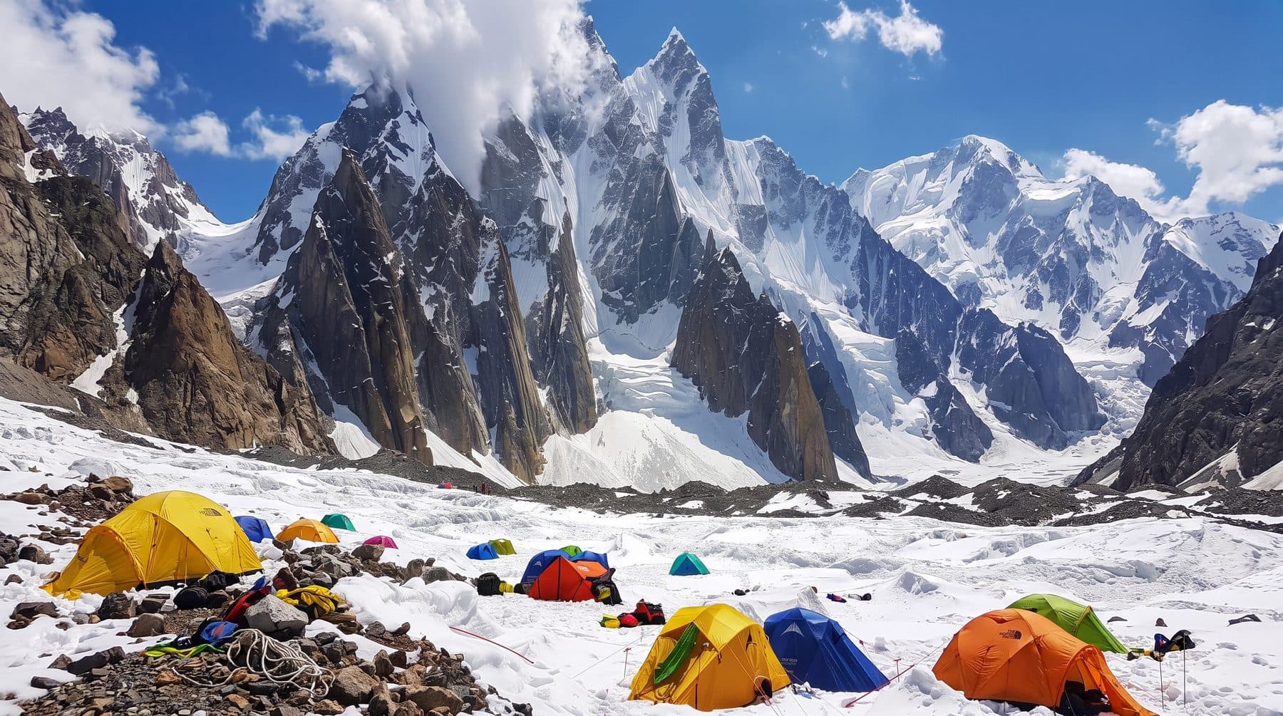 Tents pitched on a snow-covered glacier below jagged Karakoram spires