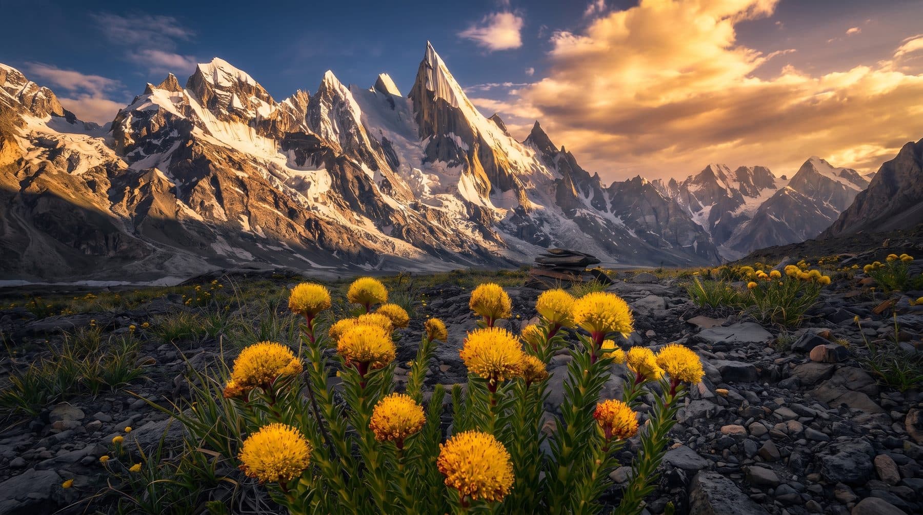 Yellow alpine flowers below a range of Karakoram peaks lit gold at sunset