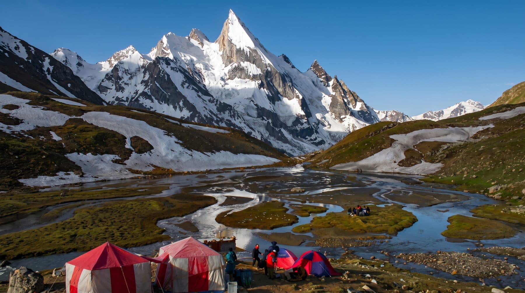 Laila Peak's snow spear above a stream-braided meadow and a tented camp