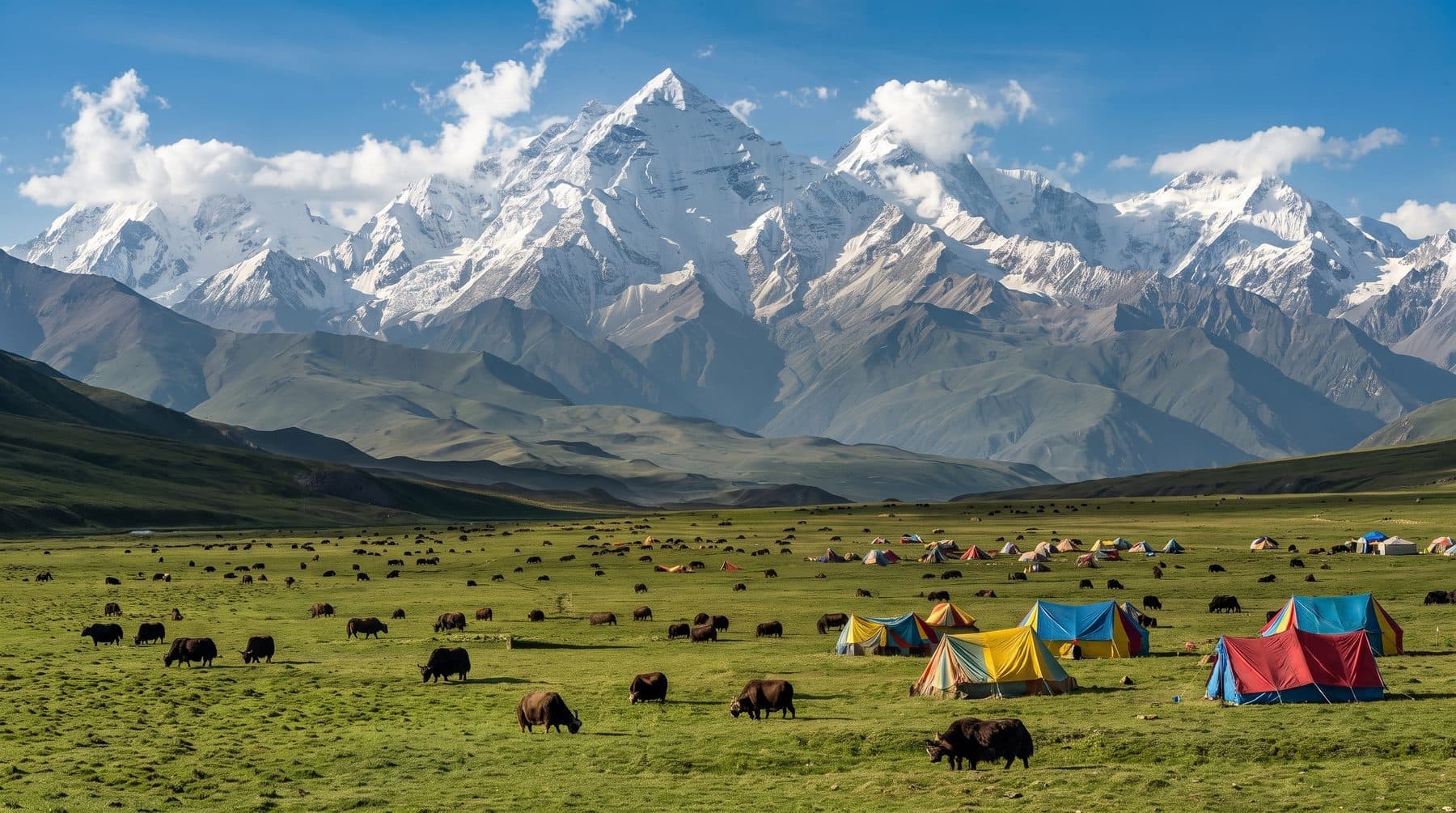 Tents and grazing yaks on a high summer pasture below snow-capped Karakoram peaks