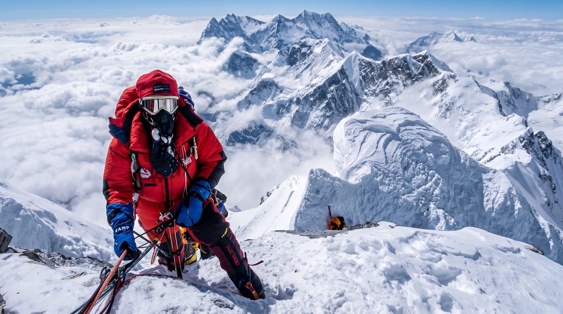 A climber in a red down suit on a snow ridge high above a sea of cloud