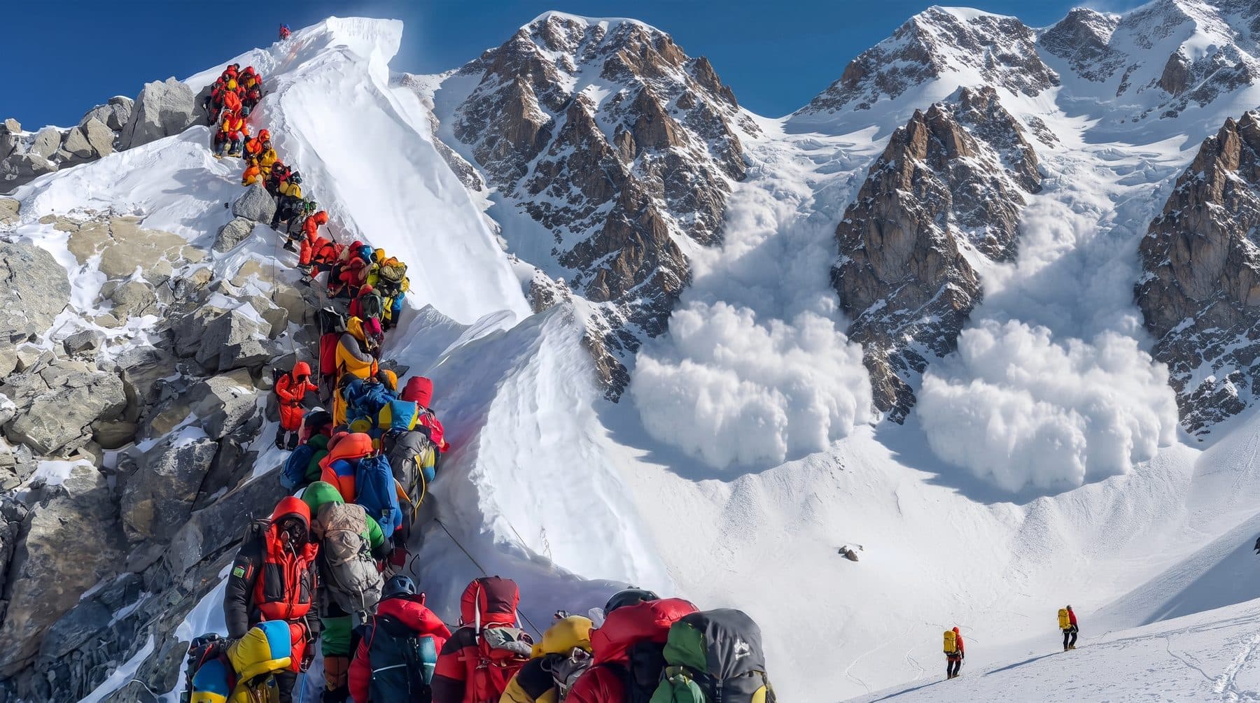 A line of climbers on a fixed rope up a snow ridge, with avalanche cloud on the face beyond