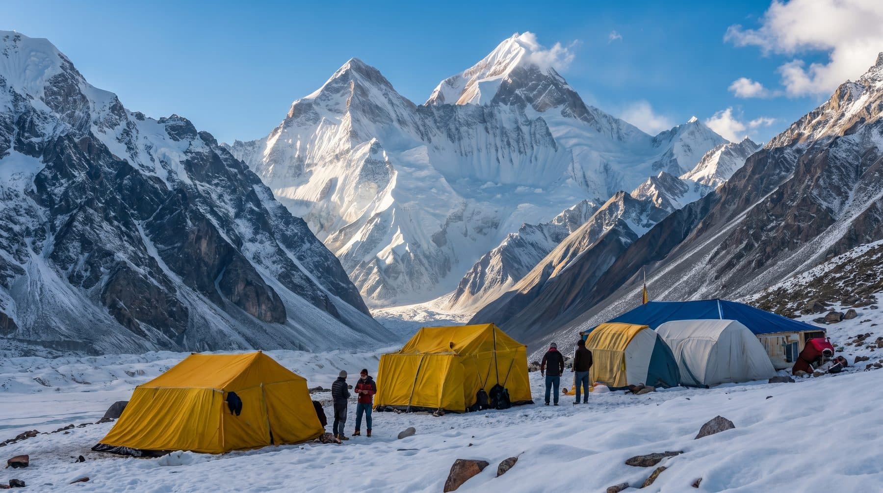 Expedition tents on the snow at base camp below a ring of Himalayan peaks