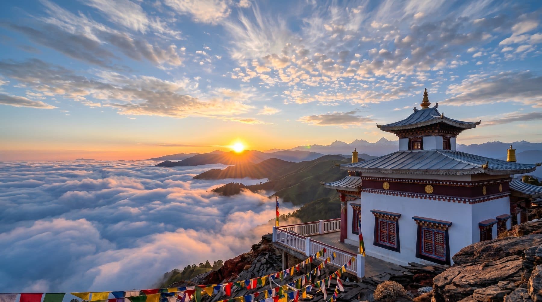 A hilltop monastery above a sea of cloud at sunrise