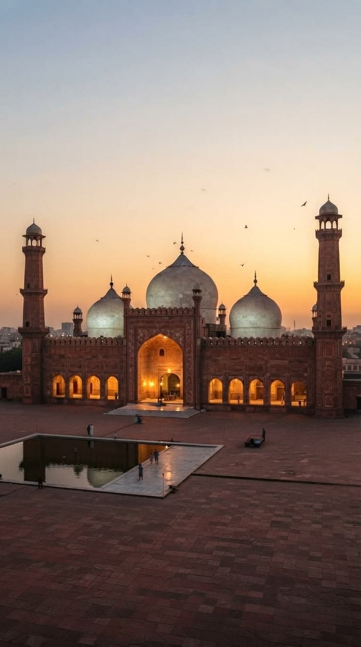 The Badshahi Mosque and its courtyard pool at sunset, Lahore