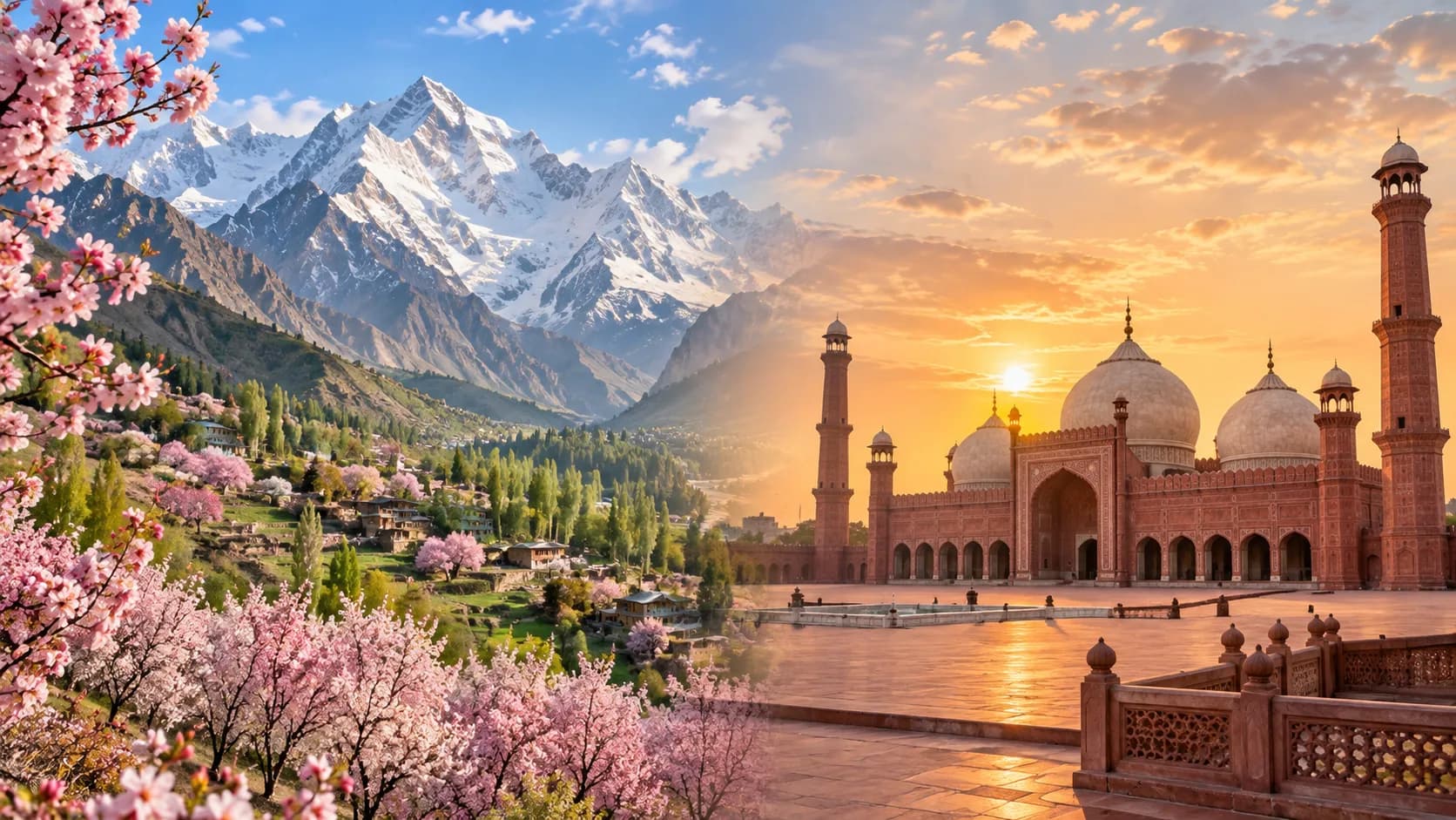 Landscape comparison of spring cherry blossoms in northern Pakistan and historic architecture in Lahore