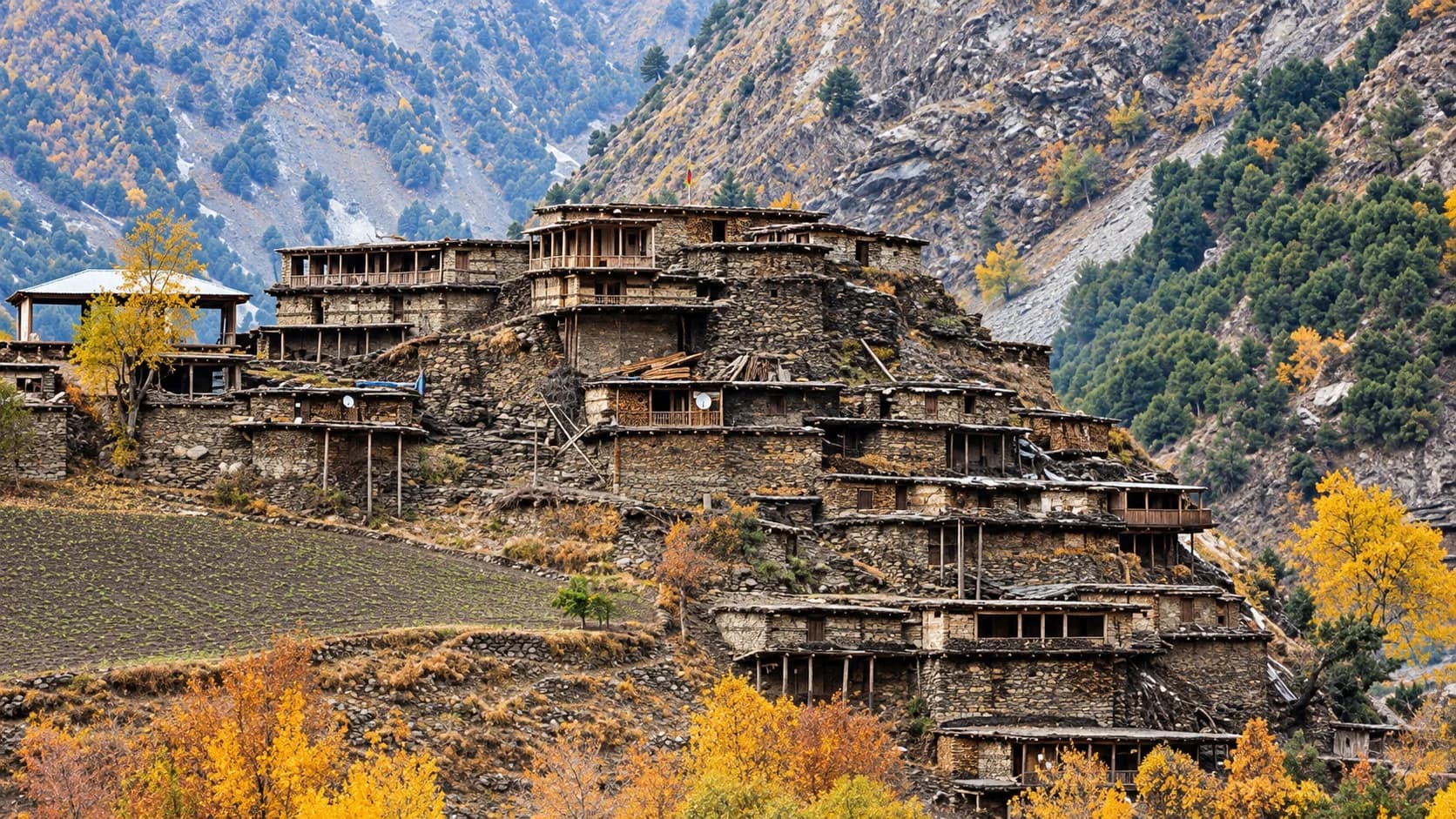 A traditional Kalash village in Chitral built into a steep mountain slope, featuring multi-tiered houses constructed from stacked flat stones and timber, surrounded by bright yellow autumn trees.
