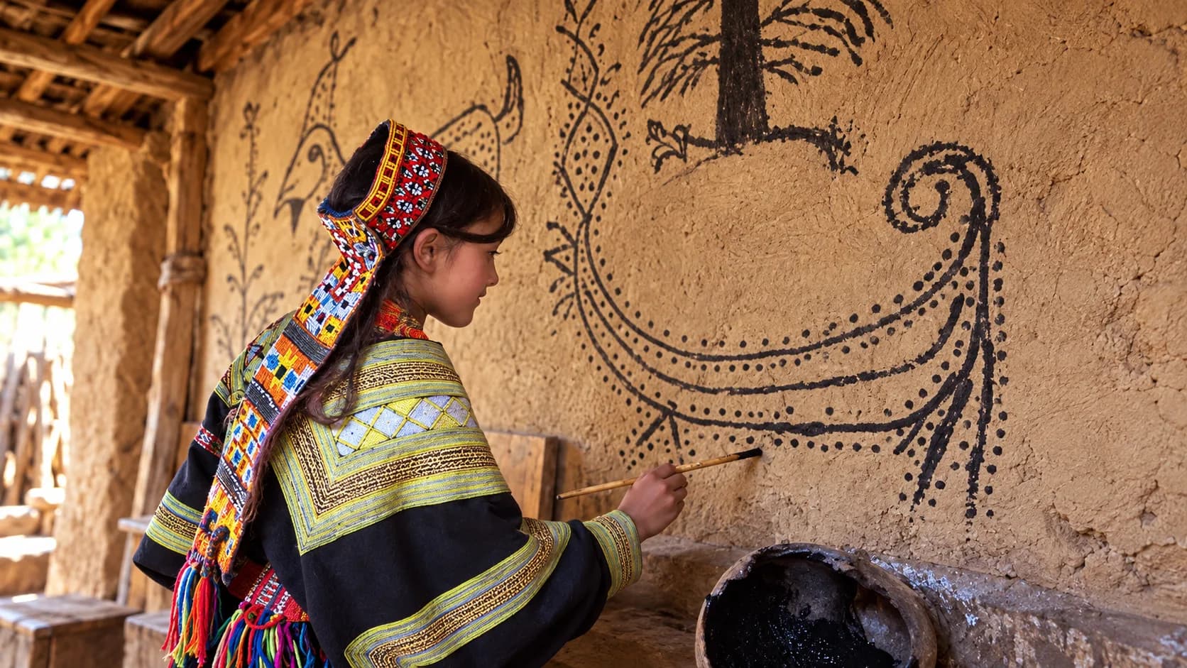 A young Kalash girl in traditional embroidered dress and beaded headdress using a brush to paint ancient, symbolic black line art onto the mud wall of a building in Chitral.