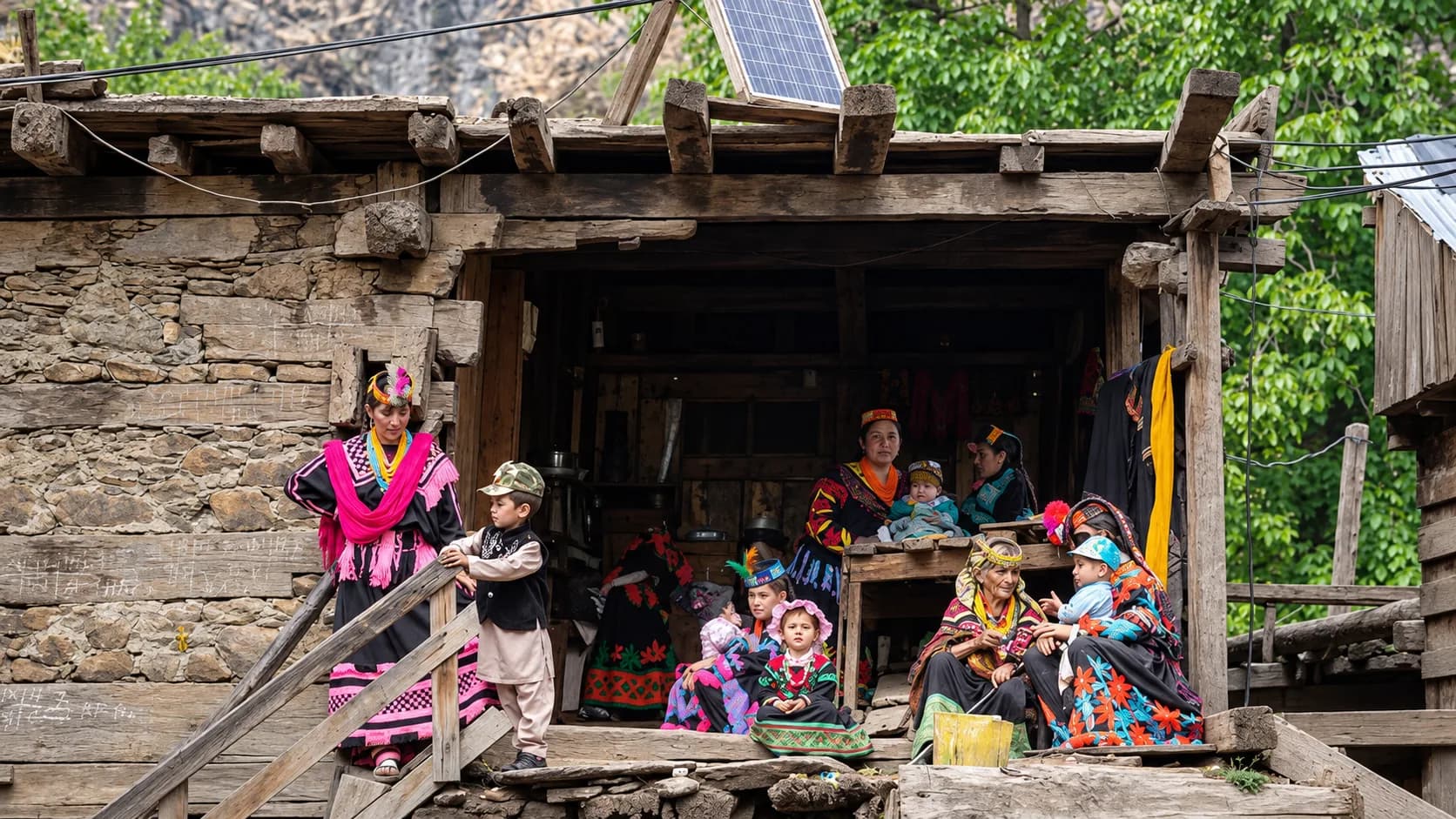 A multi-generational Kalasha family sitting on the wooden porch of a rustic mountain home in Chitral, dressed in vibrant, traditional black and brightly embroidered clothing.
