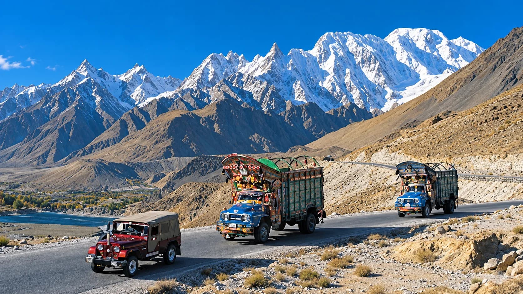 A red jeep and two vibrantly decorated Pakistani transport trucks driving along the paved Karakoram Highway, surrounded by an arid valley and massive, jagged snow-capped Karakoram mountain peaks under a clear blue sky.