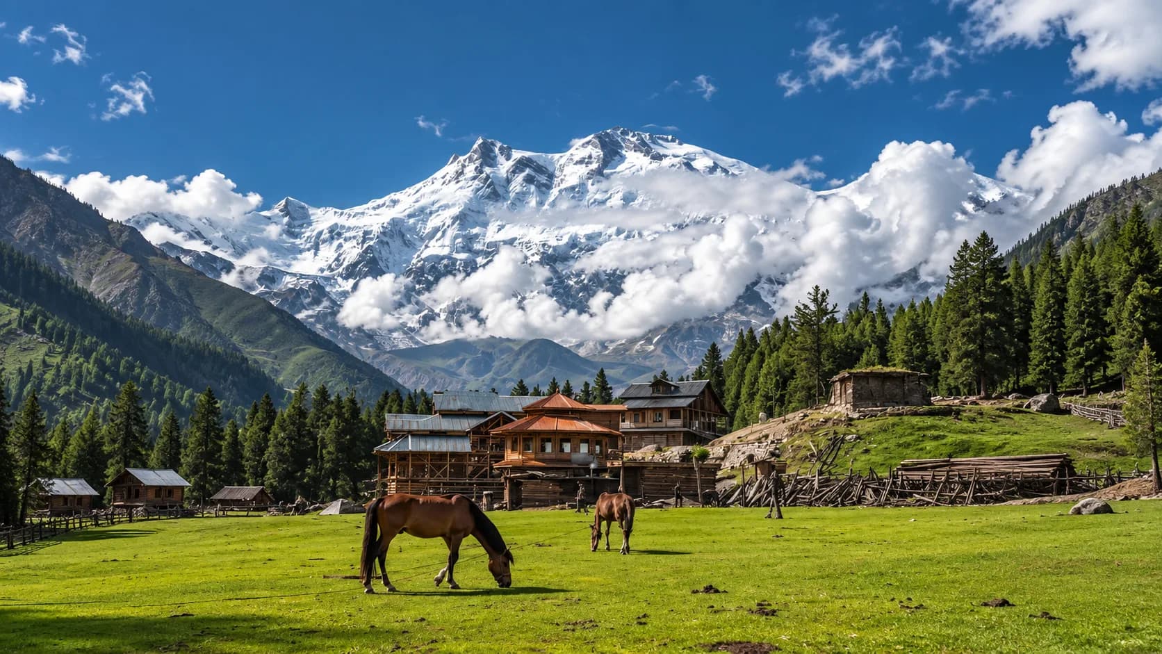 Traditional wooden log cabins and a multi-level timber resort sitting on a lush green pasture at Fairy Meadows, with two brown horses grazing in the foreground and the colossal, glacier-draped peak of Nanga Parbat rising dramatically through the clouds.