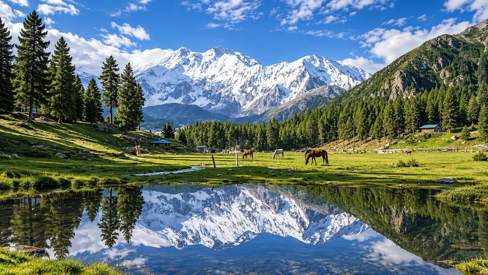 The towering, snow-covered Raikot Face of Nanga Parbat perfectly reflected in a still alpine pond at Fairy Meadows, surrounded by vibrant green pastures, grazing horses, and tall pine trees under a clear blue sky.
