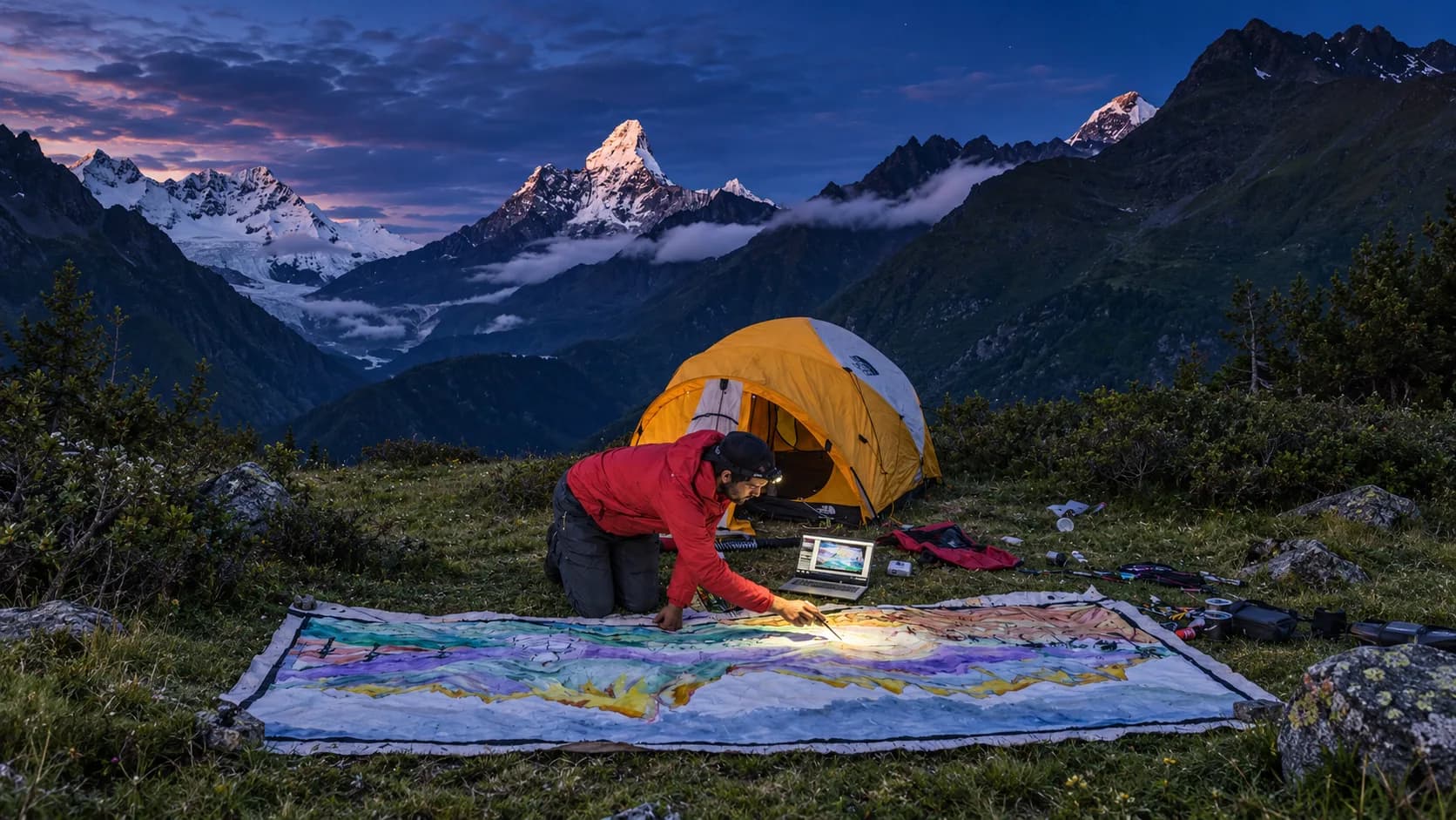 Mountaineer kneeling beside a yellow expedition dome tent at twilight, working on an illuminated topographic route map with a laptop in a high-altitude meadow beneath sharp alpine peaks.
