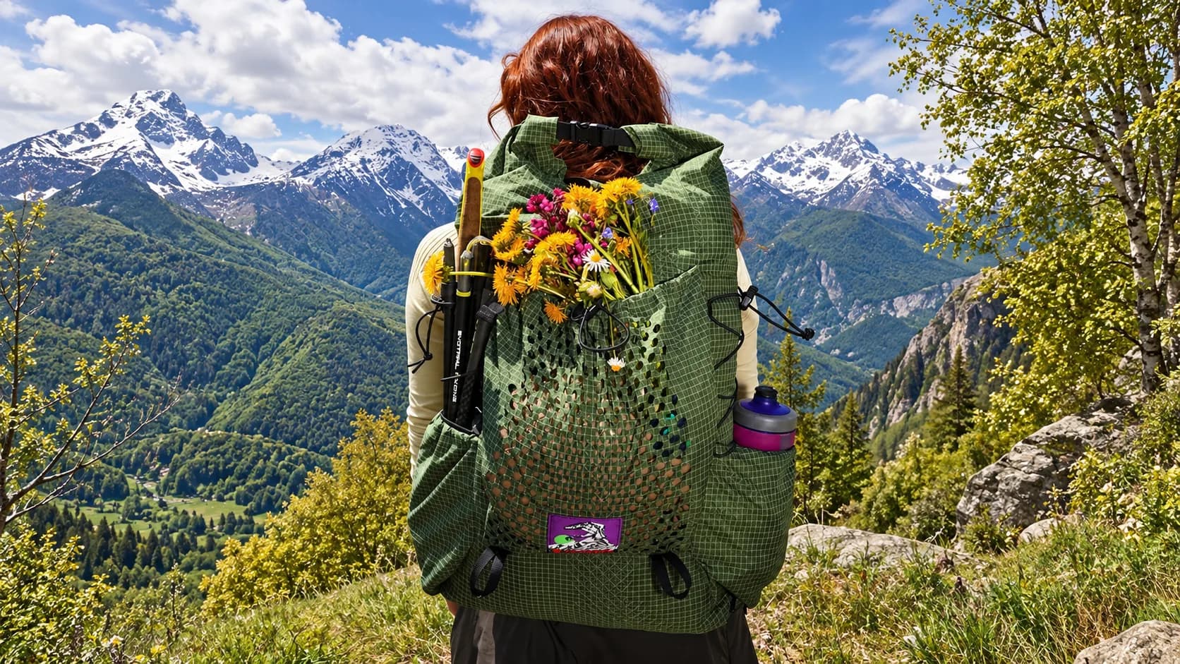 Back view of a female hiker carrying a green ultralight backpack filled with colorful alpine wildflowers and trekking poles, looking out over a green valley and snow-dusted mountain ranges.