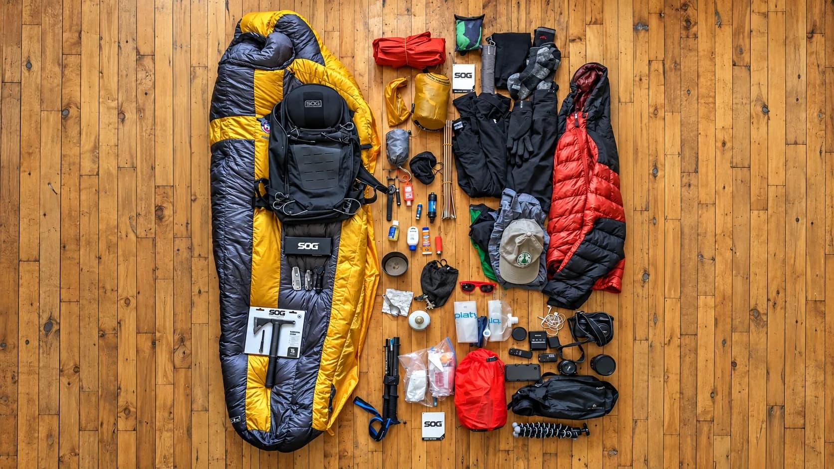 Comprehensive flat-lay packing layout on a wooden floor displaying wilderness trekking gear, including a yellow mummy sleeping bag, technical daypack, down jacket, camp stove, trekking poles, and camera accessories.