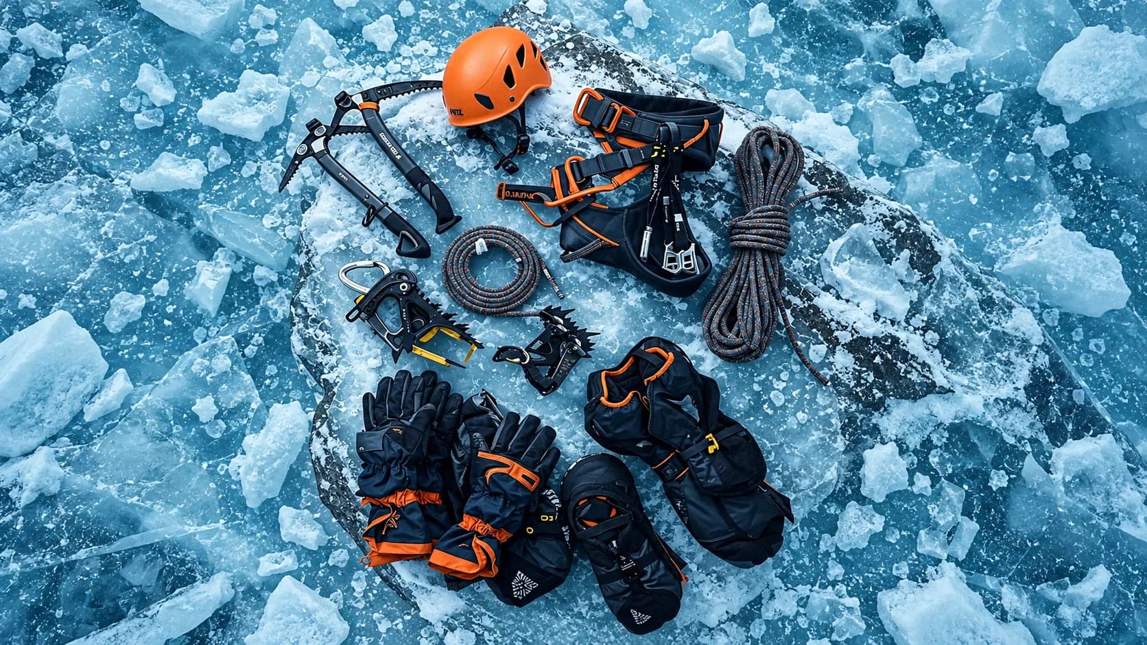 Flat-lay overhead view of technical alpine mountaineering equipment laid out on blue glacial ice, including an orange climbing helmet, ice axes, crampons, harness, and insulated gloves.