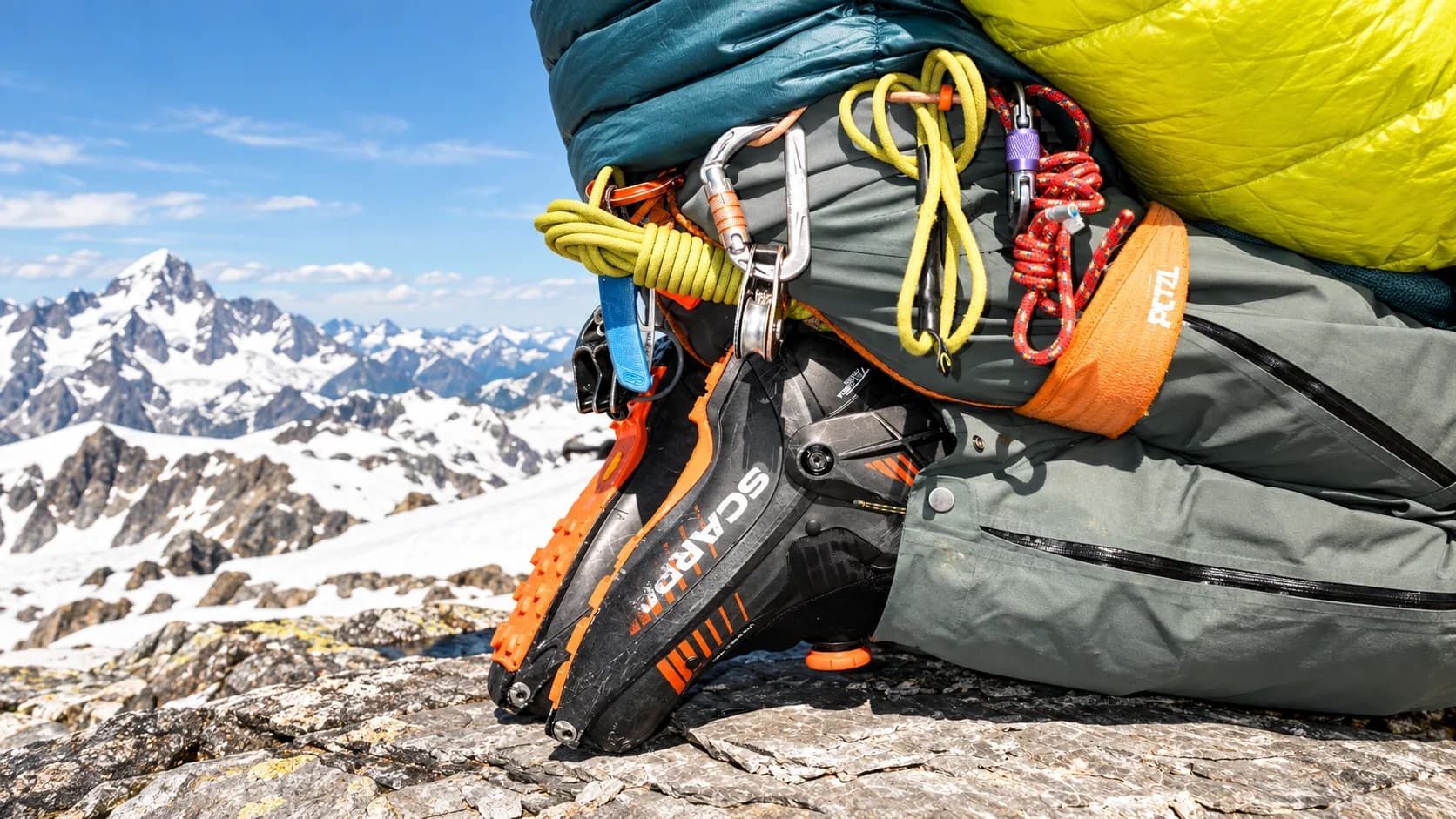 Close-up of a mountaineer kneeling on a rocky high-altitude ridge wearing heavy-duty Scarpa alpine boots, an orange Petzl climbing harness, carabiners, and coiled ropes against a backdrop of snow-covered peaks.