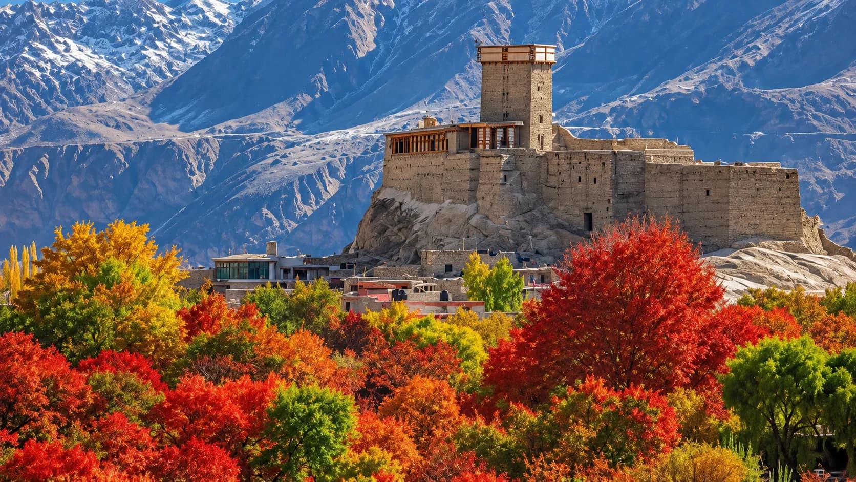 The historic stone structure of Baltit Fort perched on a rocky hilltop, surrounded by a spectacular, colorful canopy of red, orange, and yellow autumn trees, with jagged, snow-covered mountains rising in the background.