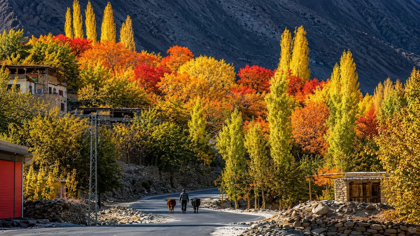A local man walking two cows along a winding mountain road bordered by a traditional stone house and a vibrant canopy of red, orange, and yellow autumn trees in northern Pakistan.