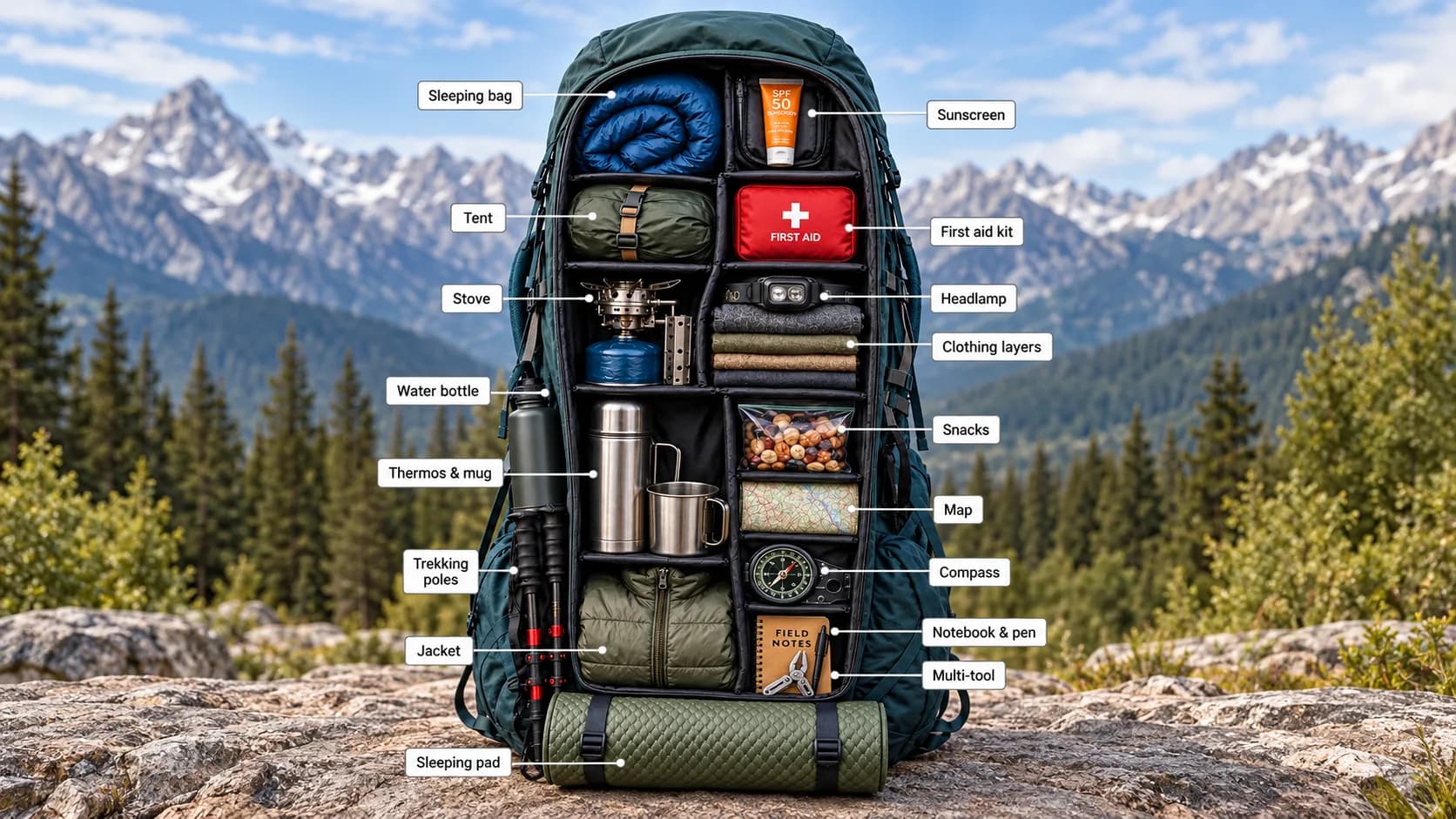 Cross-section of an organized green trekking backpack showing essential packed camping gear, clothing layers, and a first aid kit against a mountain backdrop