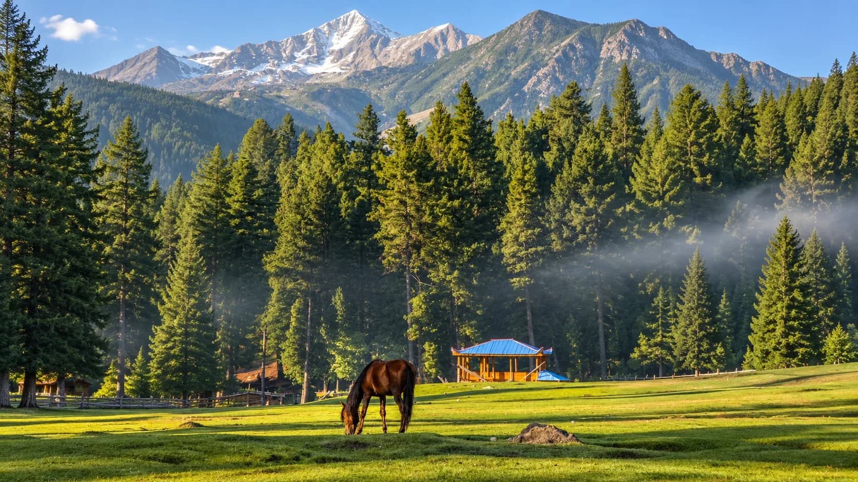 Wooden cabins on the lush green grass of Fairy Meadows with Nanga Parbat towering in the background