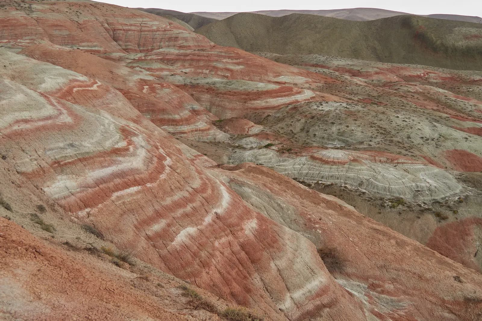 Rounded hills banded in red and white layers of clay at the Candy Cane Mountains near Khizi, Azerbaijan