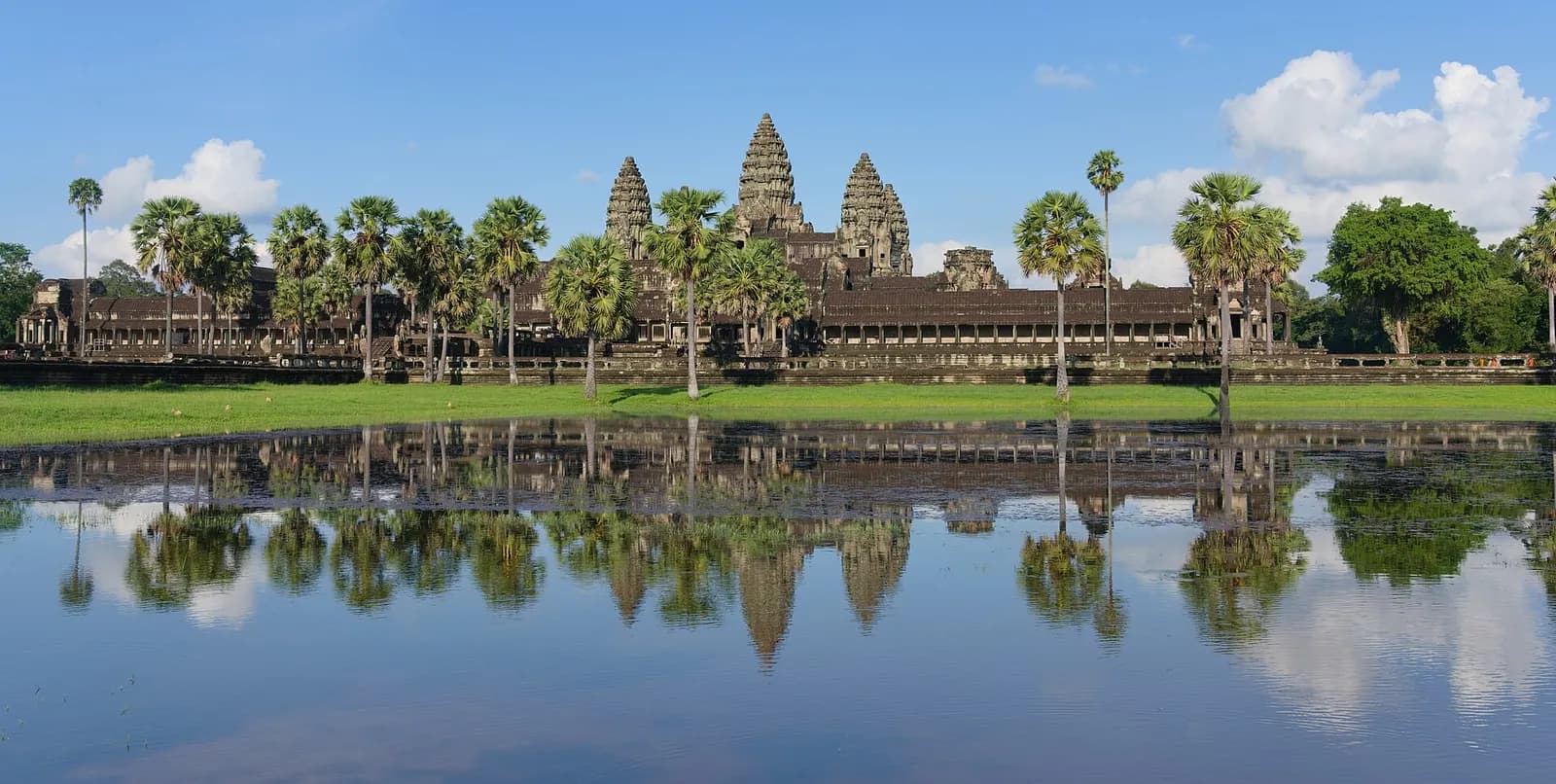 The five towers of Angkor Wat behind sugar palms, reflected in the pool in front of the western entrance, Siem Reap, Cambodia