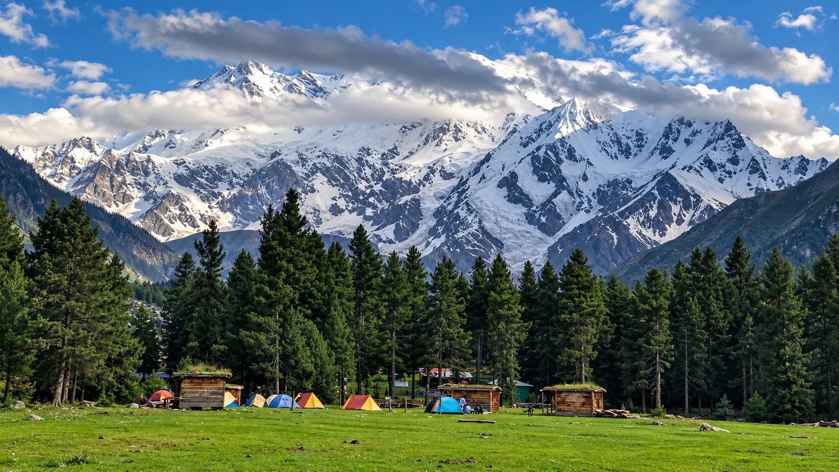 Brightly colored camping tents and traditional wooden chalets pitched on the grassy lawns of Fairy Meadows, set before a dense pine forest and the massive, cloud-draped ice wall of Nanga Parbat