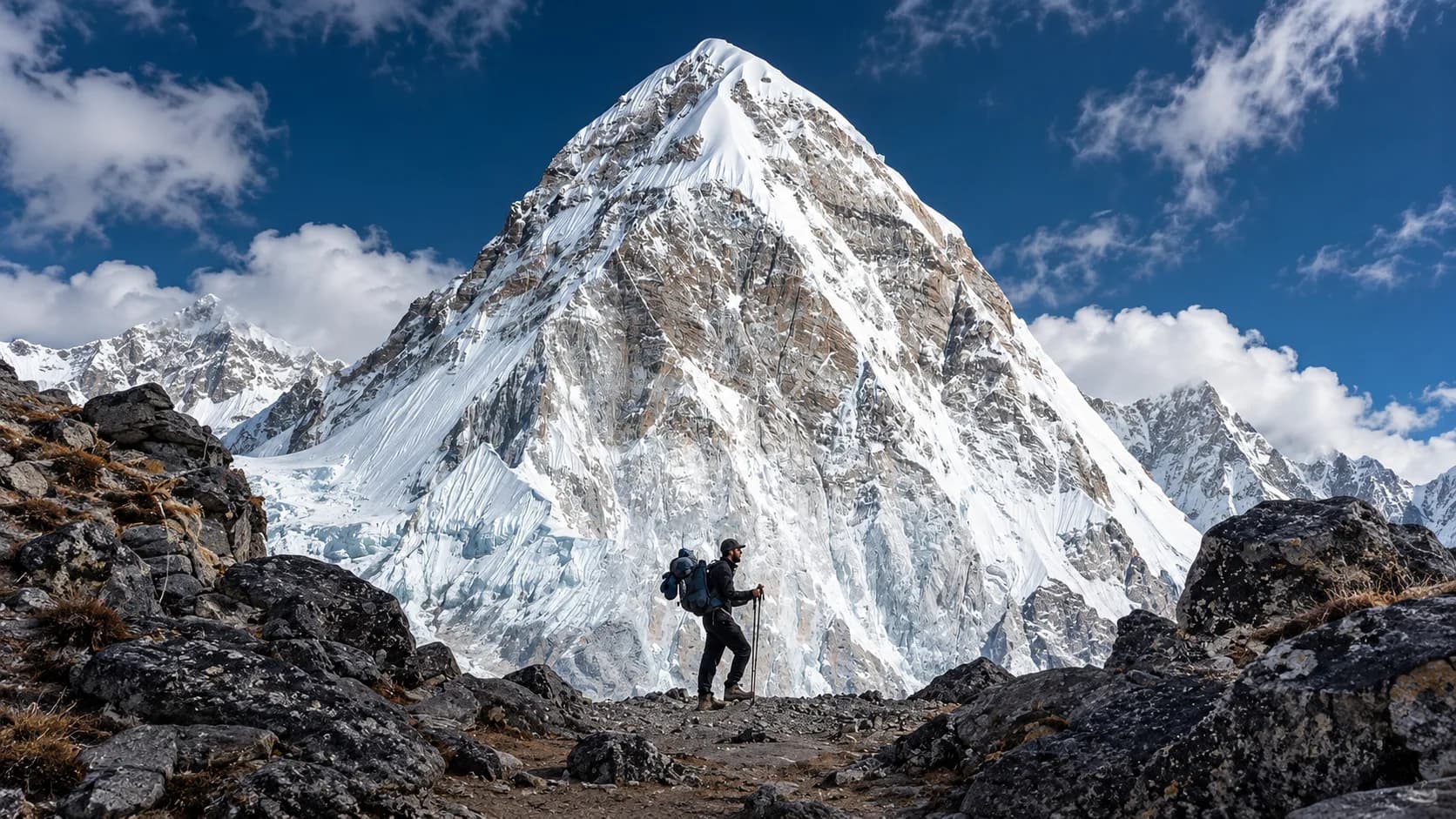 A trekker carrying a large backpack and holding trekking poles pauses on a rocky moraine trail, looking toward a colossal, sheer mountain peak covered in snow and hanging glaciers.