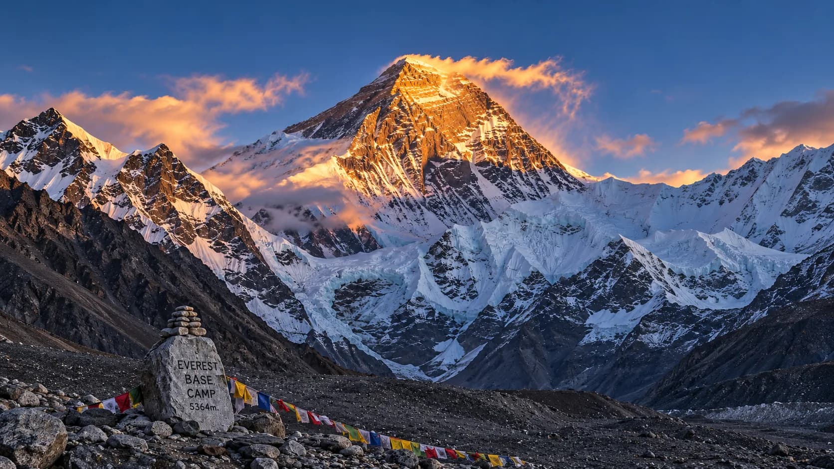The stone marker boulder at Everest Base Camp inscribed with "EVEREST BASE CAMP 5364m" and draped in colorful Buddhist prayer flags, set before the Khumbu glacier and Mount Everest illuminated by golden evening light