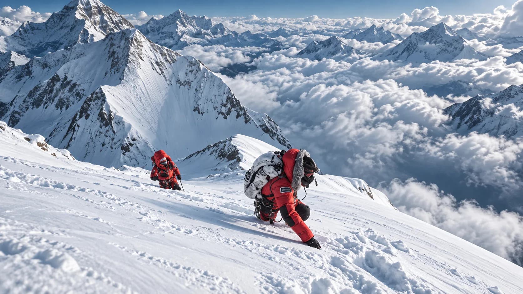 Two high-altitude mountaineers in red down summit suits ascending a steep, snow-packed mountain ridge high above a vast layer of white clouds and distant Karakoram peaks.