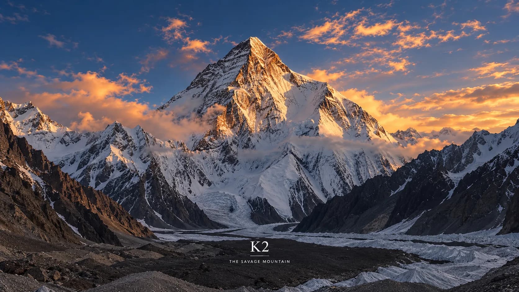 The towering, snow-draped pyramid of K2 illuminated by golden sunset light rising above the white ice ridges of the Baltoro Glacier, featuring the graphic text overlay "K2 THE SAVAGE MOUNTAIN