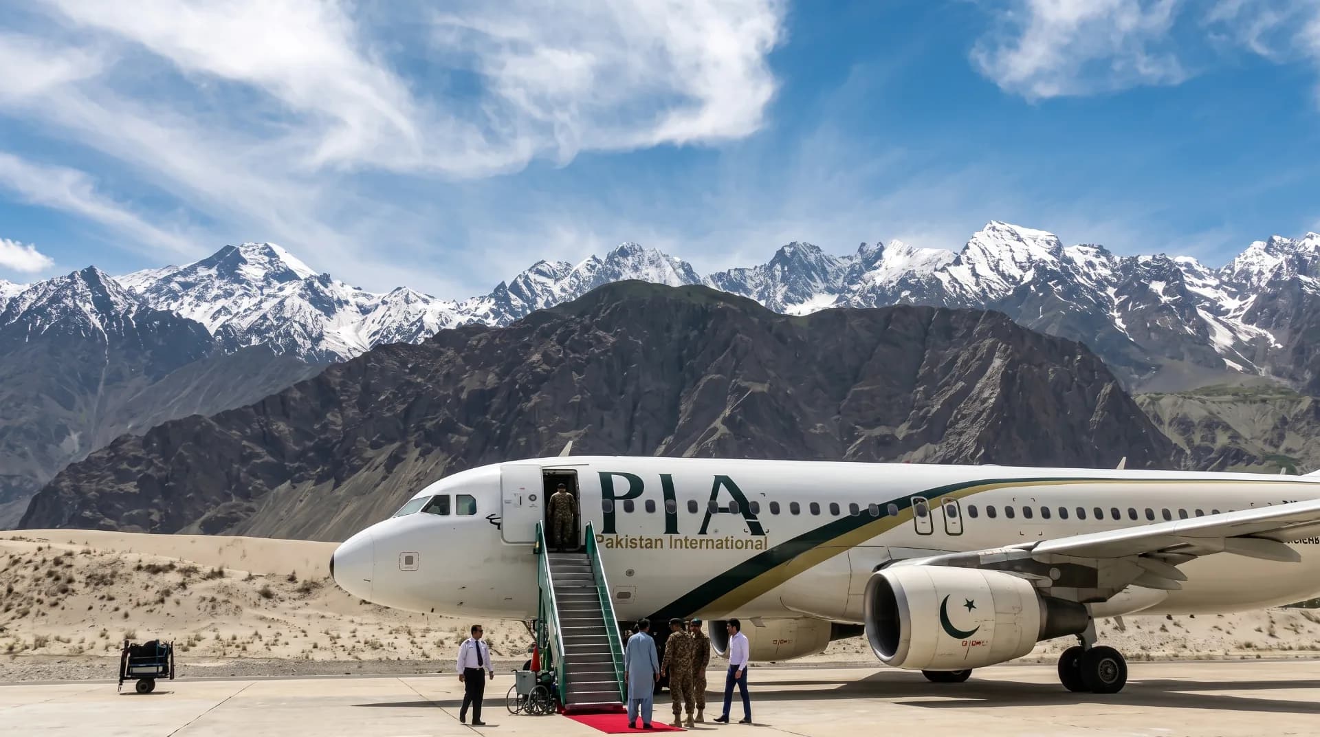 A PIA domestic flight parked on the runway at Skardu Airport with snow-capped Karakoram mountains in the background